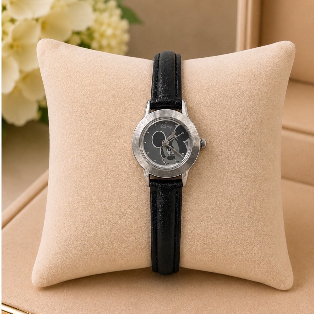 Vintage Disney Thinking Mickey Womens Watch Seiko SII Black Leather Band Working